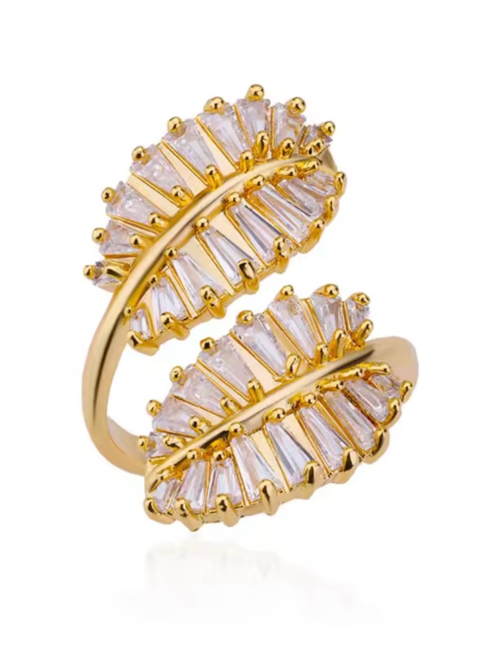 Gold Leaf Bypass Ring with Radiant Baguette Crystals